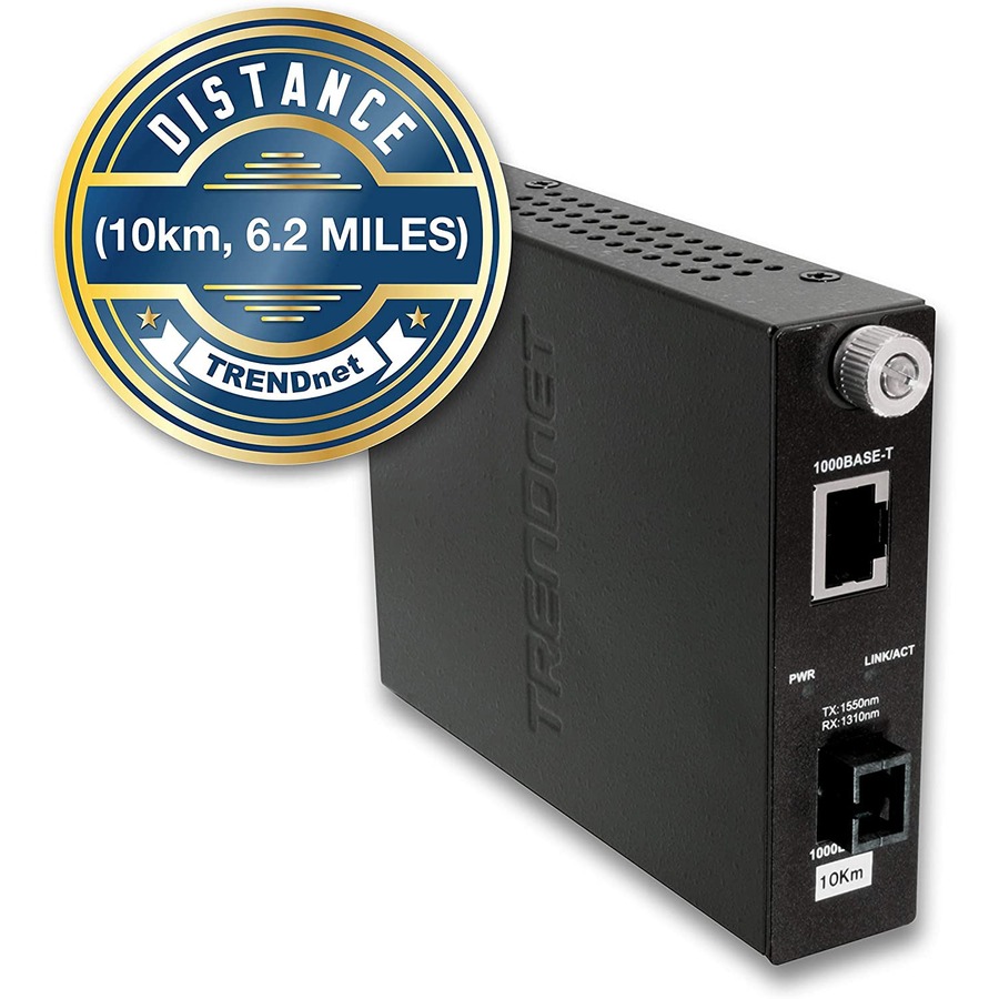 TRENDnet Intelligent 1000Base-T to 1000Base-LX Dual Wavelength Single Mode SC Fiber Media Converter (10km/6.2miles) Fiber to Ethernet Converter; Fiber Port; RJ-45; Lifetime Protection; TFC-1000S10D3