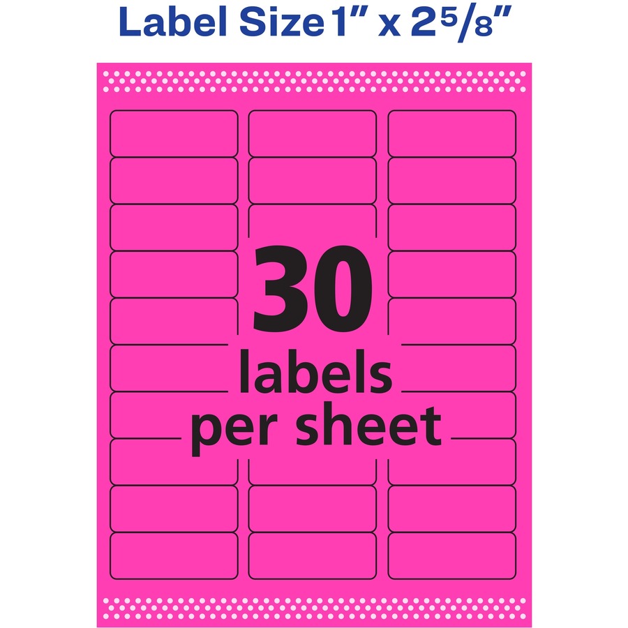 Avery® Neon Address Labels with Sure Feed(TM) for Laser Printers, 1" x 2 5/8" , 750 Pink Labels (5970) - 1" Height x 2 5/8" Width - Permanent Adhesive - Rectangle - Laser - Neon Pink - Paper - 30 / Sheet - 25 Total Sheets - 750 Total Label(s) - 750 /  = AVE05970