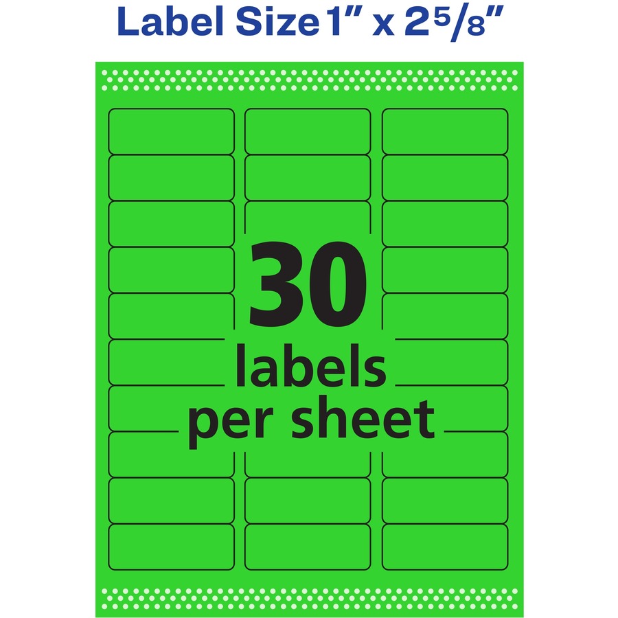 Avery® Neon Address Labels with Sure Feed(TM) for Laser Printers, 1" x 2 5/8" , 750 Green Labels (5971) - 1" Height x 2 5/8" Width - Permanent Adhesive - Rectangle - Laser - Neon Green - Paper - 30 / Sheet - 25 Total Sheets - 750 Total Label(s) - 750  - Mailing & Address Labels - AVE05971
