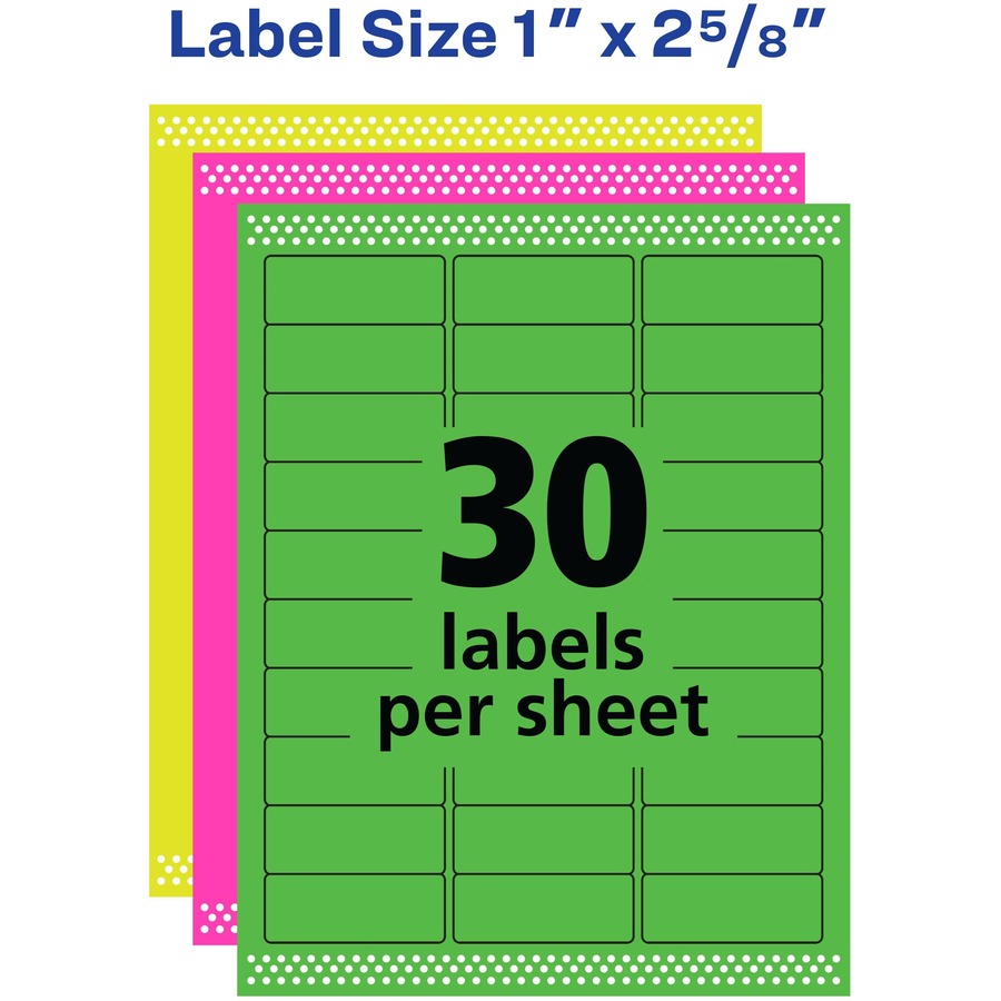 Avery® Neon Address Labels with Sure Feed(TM) for Laser Printers, 1 x 2 5/8" , Assorted Colors, 450 Labels (5979) - 1" Height x 2 5/8" Width - Permanent Adhesive - Rectangle - Laser - Neon Magenta, Neon Green, Neon Yellow - Paper - 30 / Sheet - 15 Tot = AVE05979