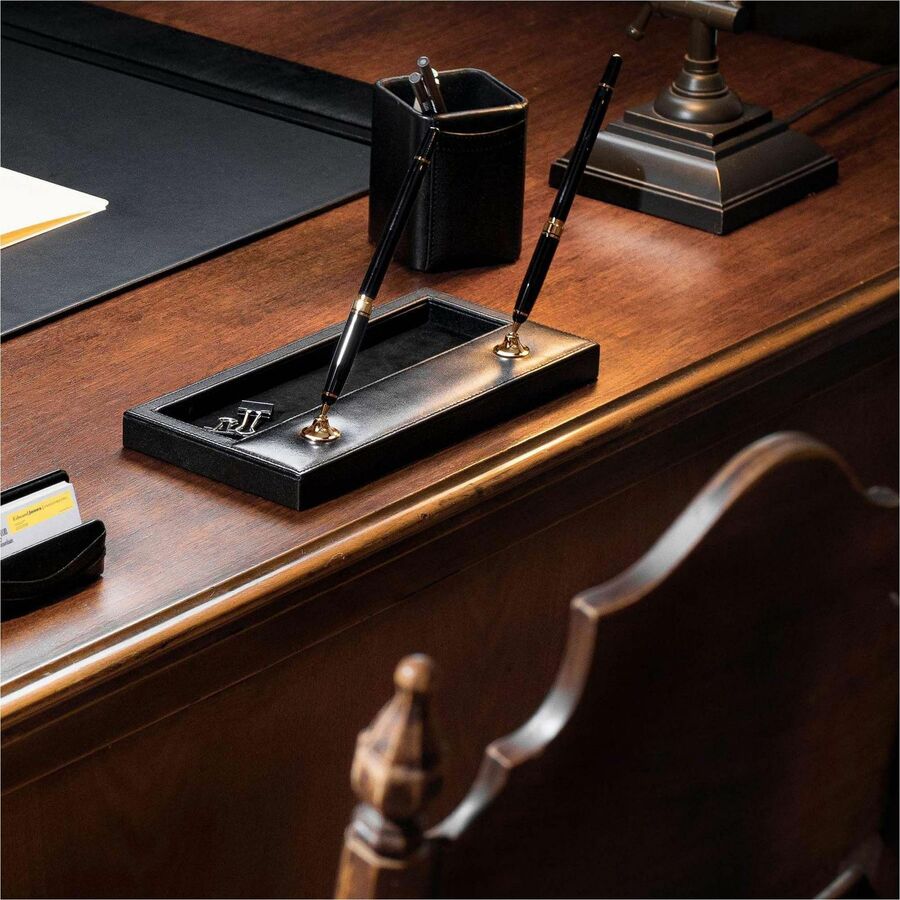 Dacasso Double Pen Stand with Gold Accent - 1" x 11.12" - Leather - Black