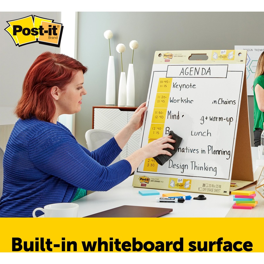 Post-it® Super Sticky Tabletop Easel Pad with Dry Erase Surface - 20 Sheets - Plain - Stapled - 18.50 lb Basis Weight - 20" x 23" - White Paper - Dry Erase, Self-adhesive, Built-in Stand, Repositionable, Resist Bleed-through, Dry Erase Surface, Cardbo