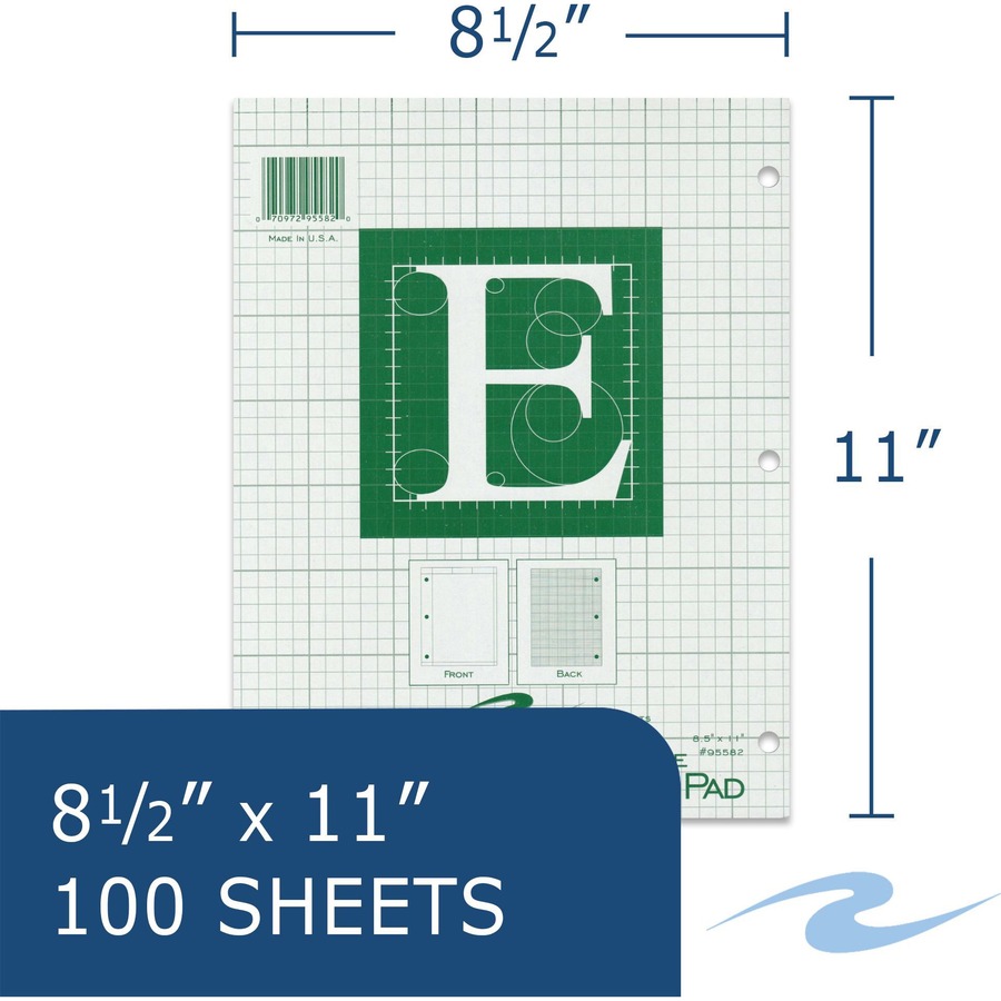 Roaring Spring 5x5 Grid Engineering Pad - 100 Sheets - 200 Pages - Printed - Glued - Back Ruling Surface - 3 Hole(s) - 15 lb Basis Weight - 56 g/m² Grammage - 11" x 8 1/2" - 0.33" x 8.5" x 11" - Green Paper - Chipboard Cover - 1 Each