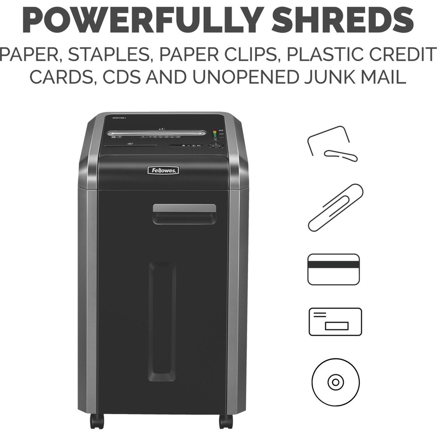 Fellowes Powershred® 225Ci 100% Jam Proof Cross-Cut Shredder - Continuous Shredder - Cross Cut - 22 Per Pass - for shredding Staples, Credit Card, CD, DVD, Paper Clip, Junk Mail, Paper - 0.2" x 1.5" Shred Size - P-4 - 4.27 m/min - 9.5" Throat - 60.57  = FEL3825001