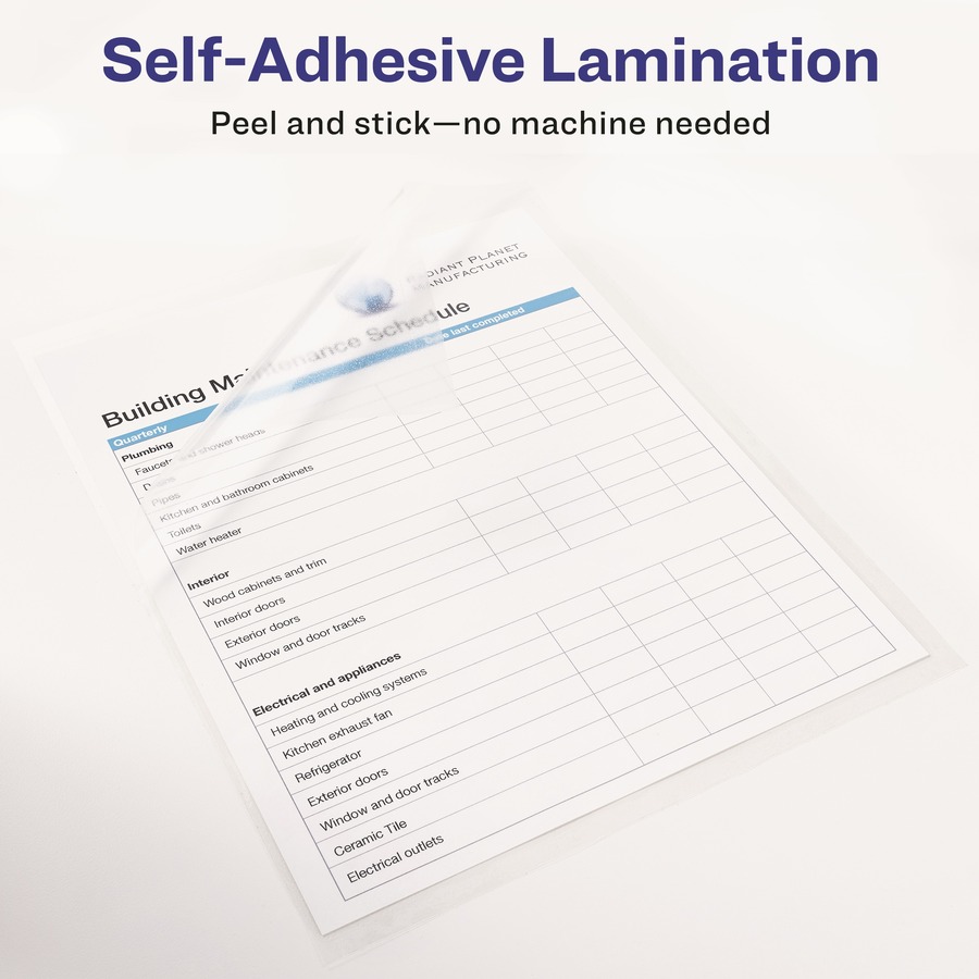 Avery® Self-Adhesive Laminating Sheets - Laminating Pouch/Sheet Size: 9" Width x 12" Length - for Document, Card, Certificate, Artwork - Self-adhesive, Easy to Use, Easy Peel, Non-toxic, Self-sealing - Clear - 10 / Pack