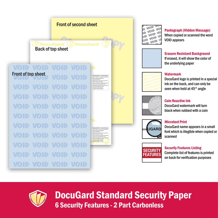 DocuGard Standard 2-part Medical Security Paper - Letter - 8 1/2" x 11" - 24 lb Basis Weight - 250 / Pack - Tamper Resistant, Pantograph, Erasure Protection, Watermarked, Security Features Listing, Coin-reactive Ink, Microtext Printing, Carbonless, CMS Ap