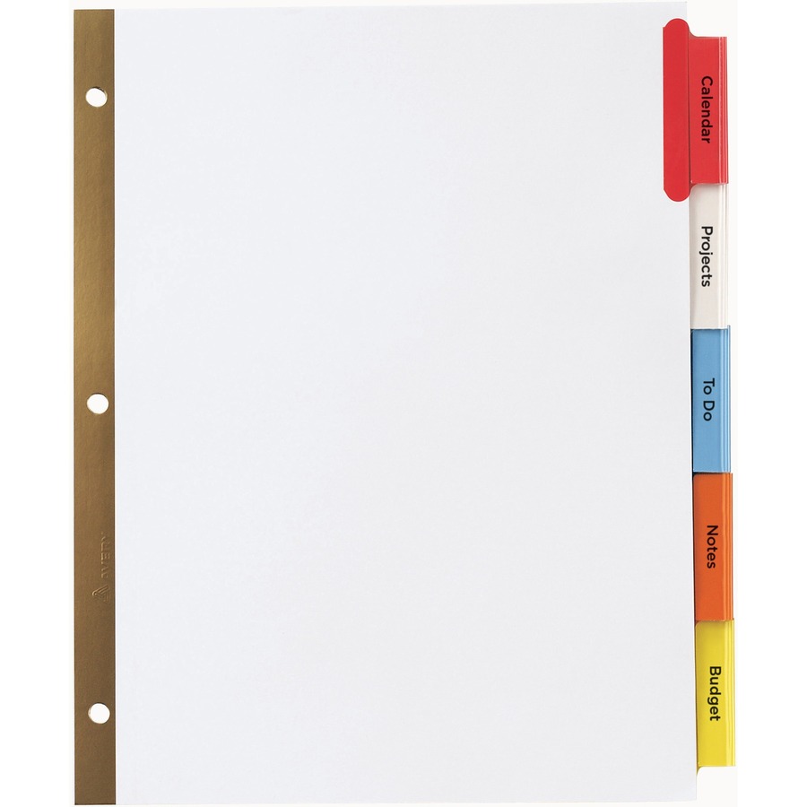 Avery® Worksaver Big Insertable Tab Index Dividers - 5 x Divider(s) - 5 - 5 Tab(s)/Set - 8.5" Divider Width x 11" Divider Length - 3 Hole Punched - White Paper Divider - Multicolor Plastic Tab(s) - Recycled - 1