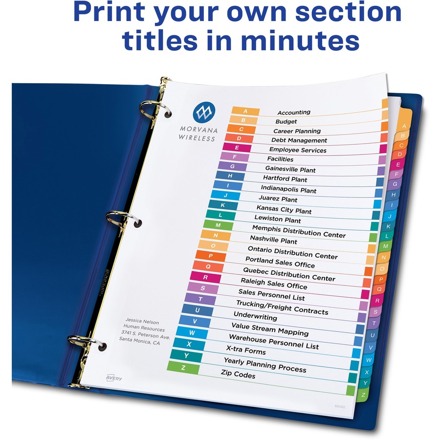Avery® Ready Index® Table of Contents Dividers for Laser and Inkjet Printers, A-Z - 26 x Divider(s) - A-Z - 26 Tab(s)/Set - 8.5" Divider Width x 11" Divider Length - 3 Hole Punched - White Paper Divider - Multicolor Paper Tab(s) - Recycled - 26 / 