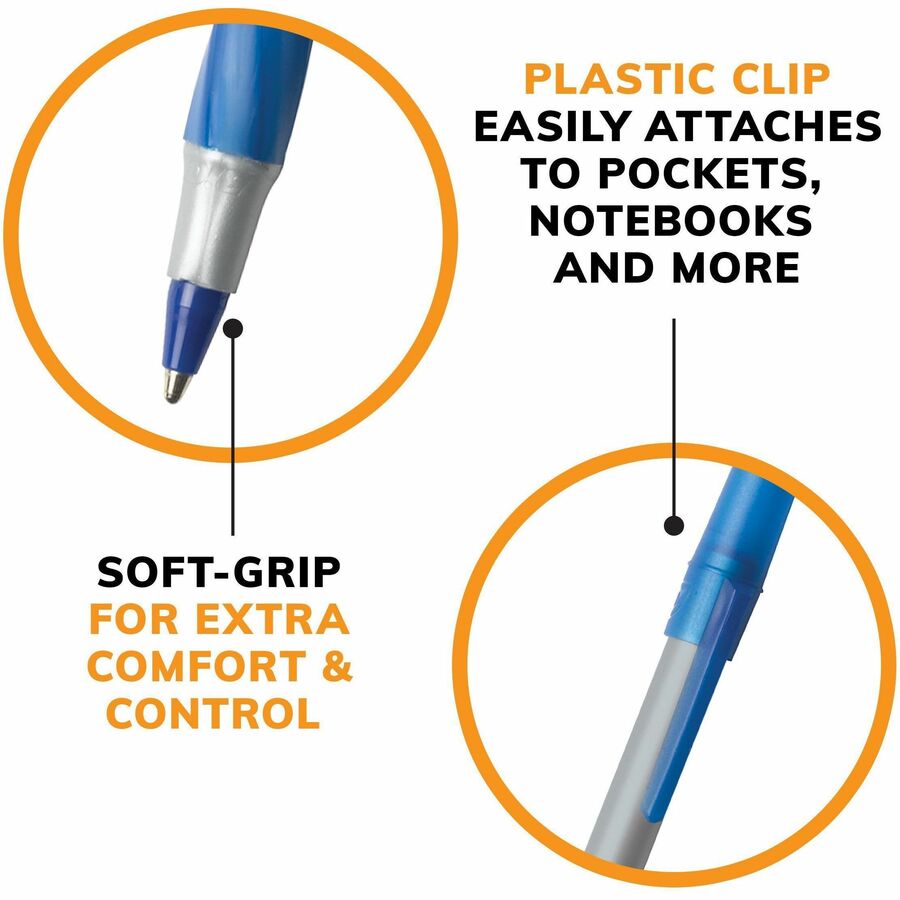 BIC Round Stic Comfort Grip Ballpoint Pen - Fine Pen Point - Blue - Translucent Barrel - 12 / Box - Ballpoint Stick Pens - BICGSFG11BLU