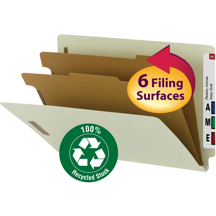 Smead Legal Recycled Classification Folder - 8 1/2" x 14" - 2" Expansion - 2 x 2K Fastener(s) - 2 Divider(s) - Pressboard - Gray, Green - 100% Recycled - 10 / Box - End Tab Classification Folders - SMD29802
