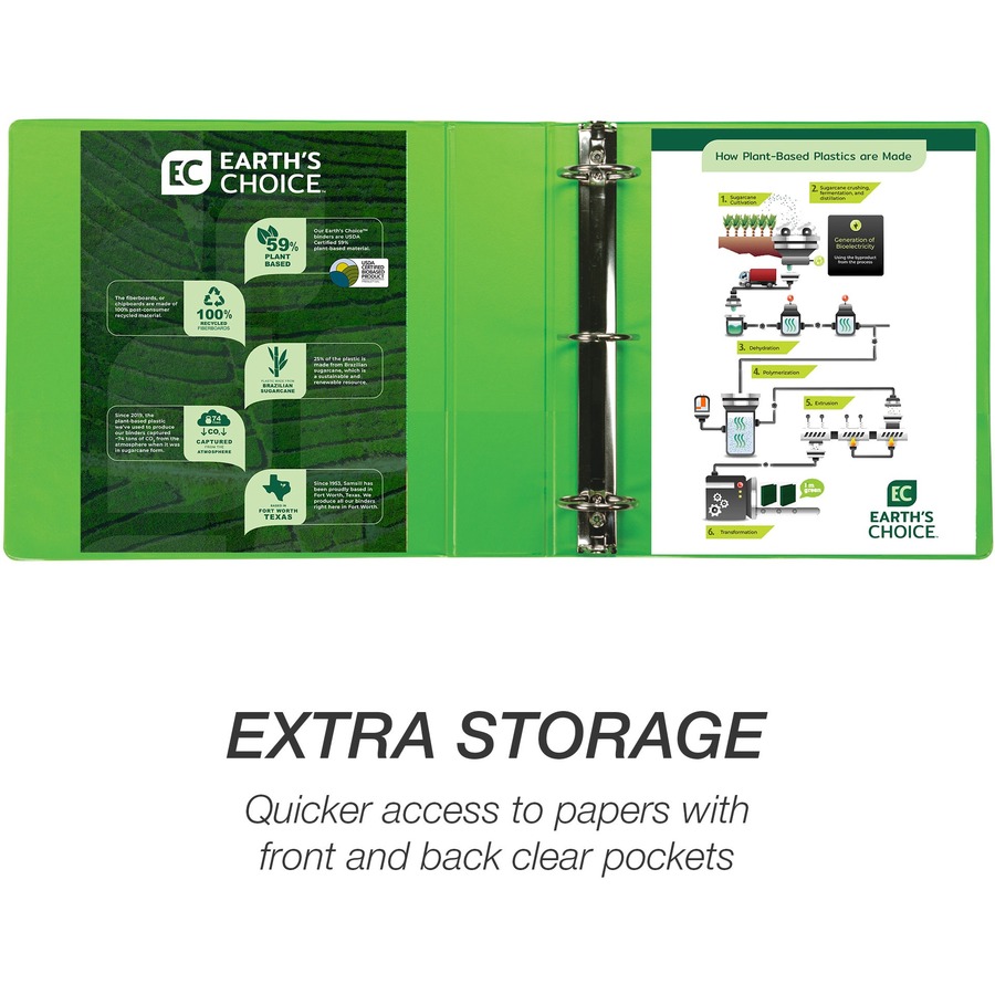 Samsill Earth's Choice Plant-based View Binders - 2" Binder Capacity - Letter - 8 1/2" x 11" Sheet Size - 425 Sheet Capacity - 3 x Round Ring Fastener(s) - 2 Internal Pocket(s) - Chipboard, Polypropylene, Plastic - Lime - 2.24 lb - Recycled - Clear Overla