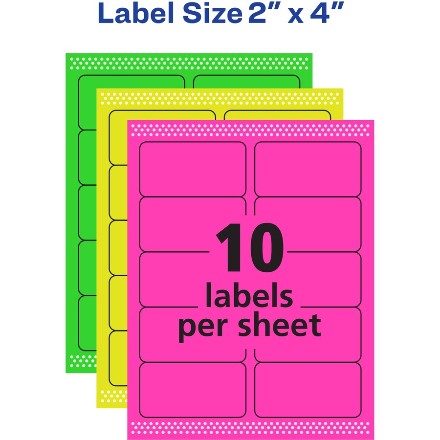 Avery® Multipurpose Labels - 2" Width x 4" Length - Removable Adhesive - Rectangle - Laser, Inkjet - Neon Green, Neon Magenta, Neon Yellow - Paper - 10 / Sheet - 12 Total Sheets - 120 Total Label(s) - 120 / Pack