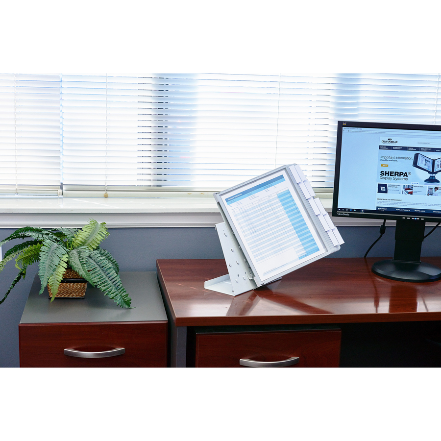 DURABLE® VARIO® Antimicrobial Desktop Reference Display System - Desktop - 10 Double Sided Panels - Letter Size - Antimicrobial Polypropylene Sleeves - Anti-Reflective/Non-Glare - Gray