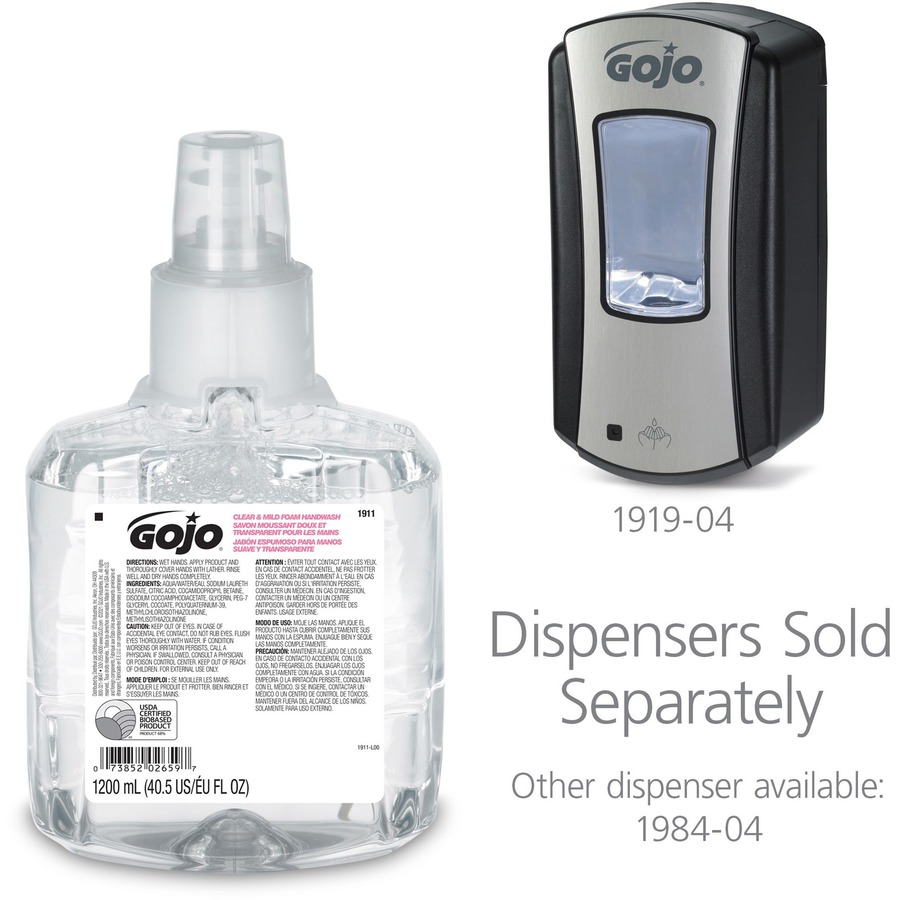 Gojo® LTX-12 Clear Mild Foam Handwash Refill - 40.6 fl oz (1200 mL) - Hand, Skin - Moisturizing - Clear - Fragrance-free, Dye-free, Bio-based, Rich Lather, Eco-friendly - 1 Each