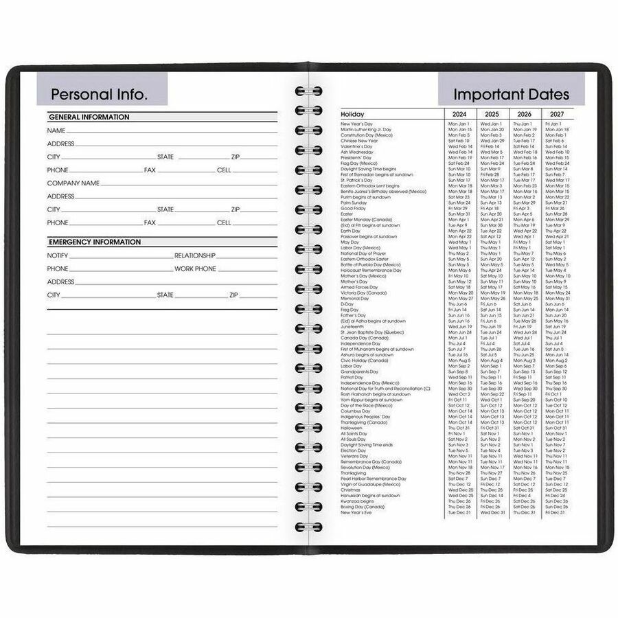 At-A-Glance DayMinder Appointment Book Planner - Small Size - Julian Dates - Weekly - 12 Month - January 2024 - December 2024 - 8:00 AM to 5:00 PM - Hourly - 1 Week Double Page Layout - 5" x 8" White Sheet - Wire Bound - Black - Faux Leather - Black Cover