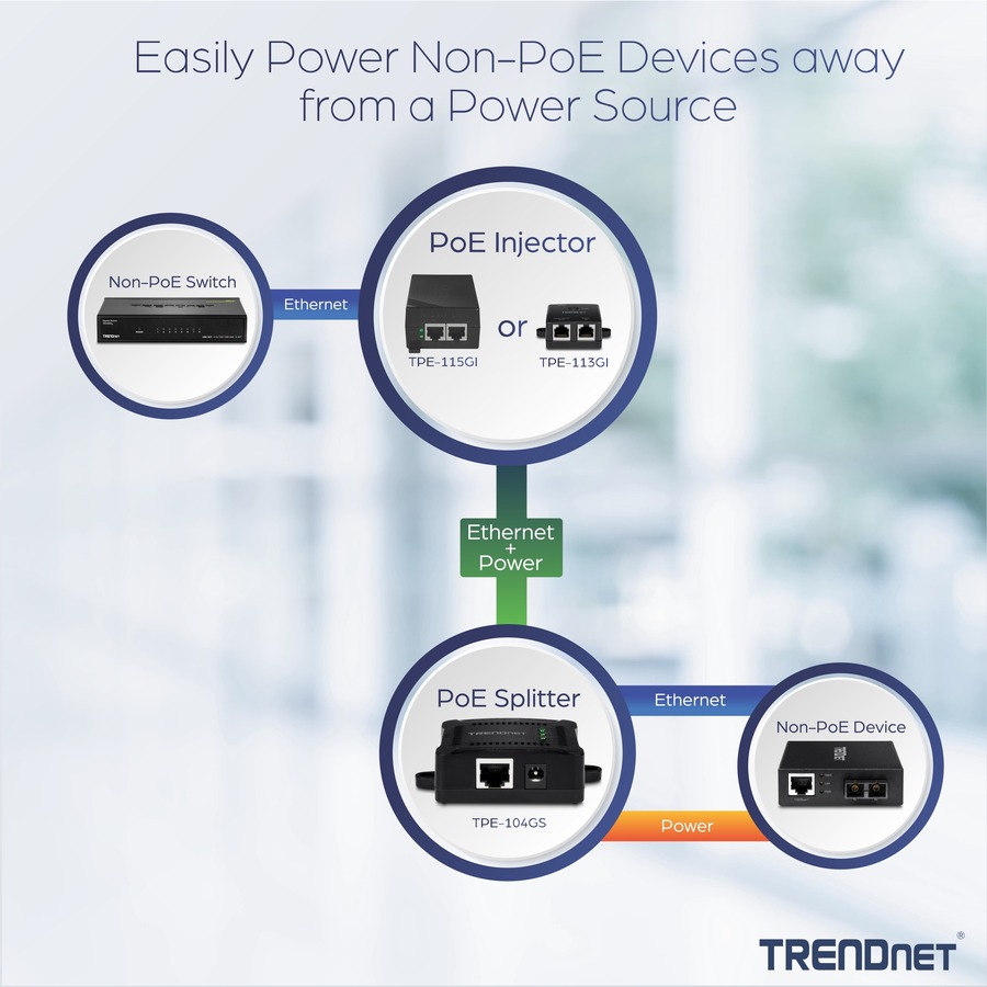 TRENDnet Gigabit PoE Splitter, 1 x Gigabit PoE Input Port, 1 x Gigabit Output Port, Up to 100m (328 ft), Supports 5V, 9V, 12V Devices, 802.3af PoE Compatible, PoE Powered, Black, TPE-104GS