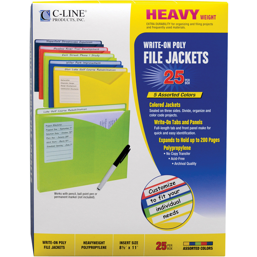 C-Line Write-On Poly File Jackets - Assorted Colors, 11 X 8-1/2, 25/BX, 63060