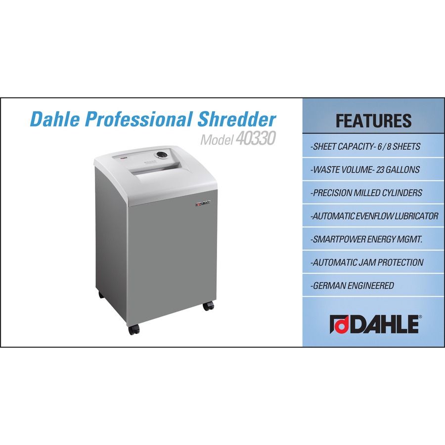 Dahle 40330 Paper Shredder - Non-continuous Shredder - Extreme Cross Cut - 8 Per Pass - 0.031" x 0.438" Shred Size - P-6 - 12 ft/min - 10.25" Throat - 10 Minute Run Time - 20 Minute Cool Down Time - 23 gal Wastebin Capacity - 1416.83 W - Gray
