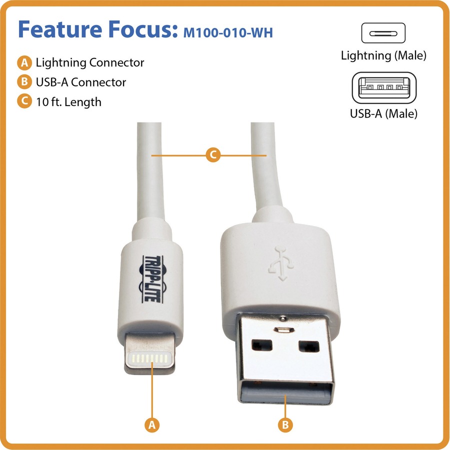 Eaton Tripp Lite Series USB-A to Lightning Sync/Charge Cable (M/M) - MFi Certified, White, 10 ft. (3 m)