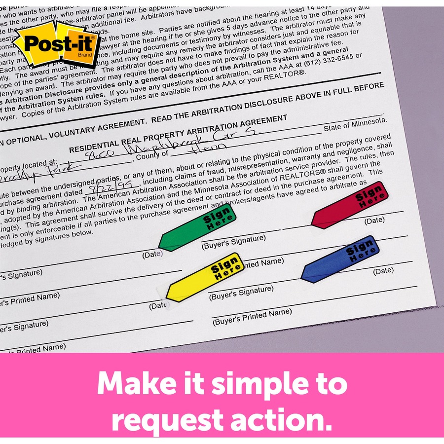 Post-it® Arrow Flags - 1/2" - Arrow - "Blank and SIGN HERE" - Green, Yellow, Blue, Red, Pink - Removable, Self-adhesive, Repositionable - 252 / Pack