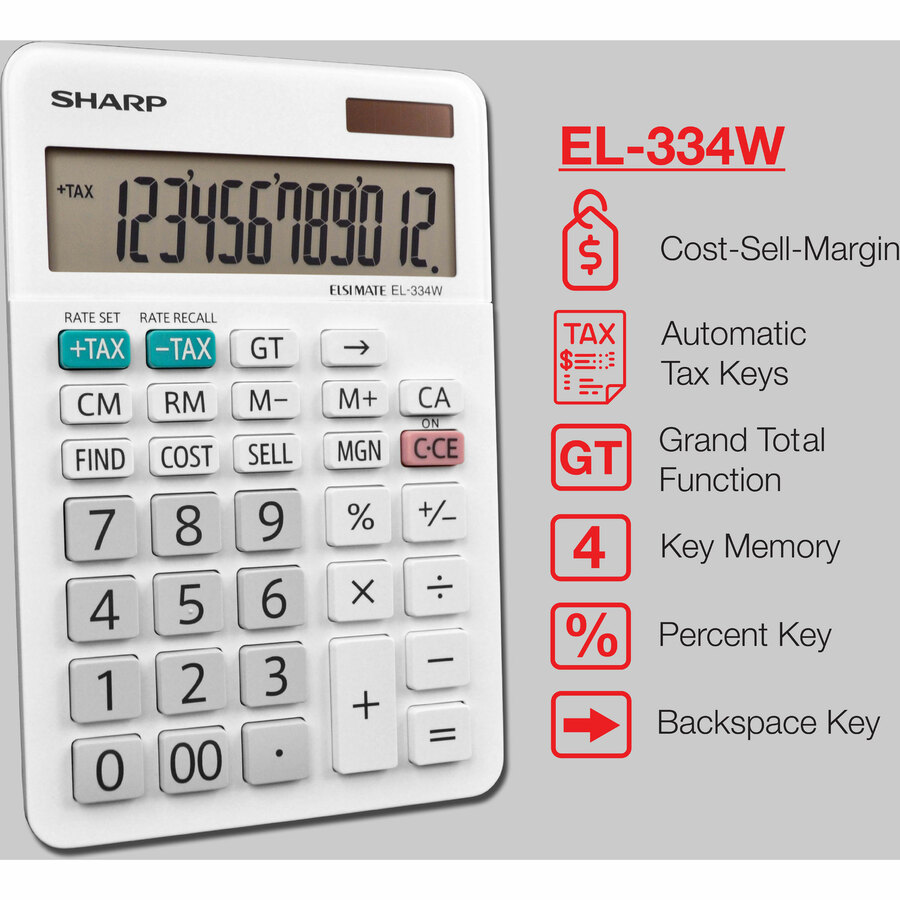 12-Digit Lcd Sharp El-334W Large Desktop Calculator 