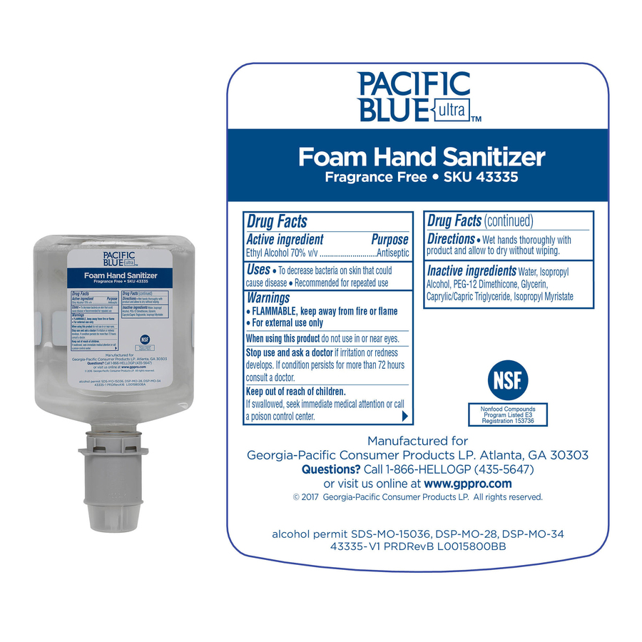 Pacific Blue Ultra Hand Sanitizer Foam Refill - 33.8 fl oz (1000 mL) - Squeeze Bottle Dispenser - Kill Germs - Hand, Skin - Moisturizing - Clear - Dye-free, Fragrance-free, Food-safe - 4 / Carton