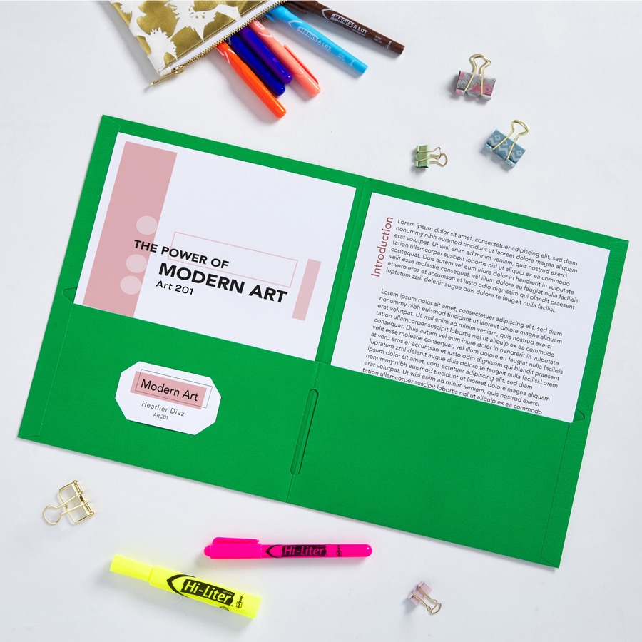 Avery® Letter Pocket Folder - 8 1/2" x 11" - 40 Sheet Capacity - 2 Internal Pocket(s) - Embossed Paper - Green - 125 / Carton