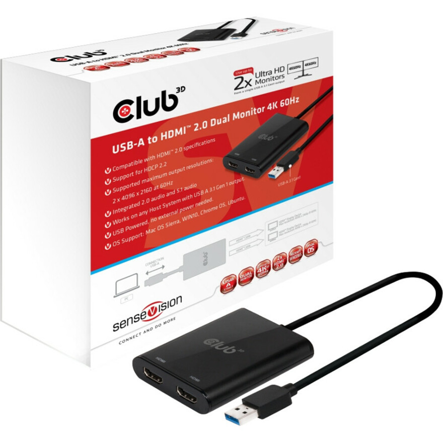 Club 3D USB A to DisplayPort 1.2 Dual Monitor 4K 60Hz - USB 3.1 Type A - 2 x DisplayPort, DisplayPort