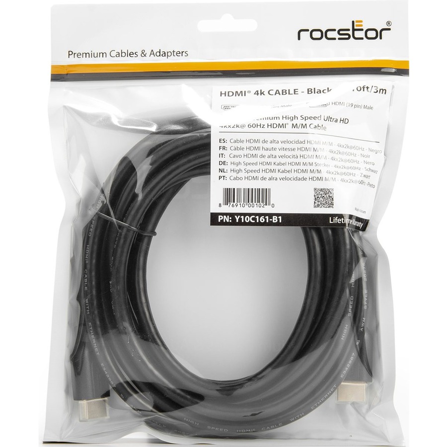 Rocstor Premium 10 ft 4K High Speed HDMI to HDMI M/M Cable - Ultra HD HDMI 2.0 Supports 4k x 2k at 60Hz with resolutions up to 3840x2160p and 18Gbps Bandwidth - HDMI 2.0 to HDMI 2.0 Male/Male - HDMI 2.0 for HDTV, DVD Player, Stereo Receiver, Digital Signage Projector, Gaming Console, Audio/Video Device, TV, Digital Video Recorder - 10 ft (3m) - 1 Retail Pack - 1 x HDMI Male - 1 x HDMI Male - Gold Plated Connectors - Shielding - Black - HDMI CABLE ULTRA HD 4Kx2K