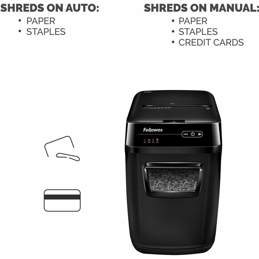 Fellowes AutoMax™ 200M Micro-Cut Auto Feed 2-in-1 Office Paper Shredder with Auto Feed 200-Sheet Capacity - Non-continuous Shredder - Micro Cut - 200 Per Pass - for shredding Staples, Credit Card, Paper - 0.078" x 0.546" Shred Size - P-5 - 11 ft/min