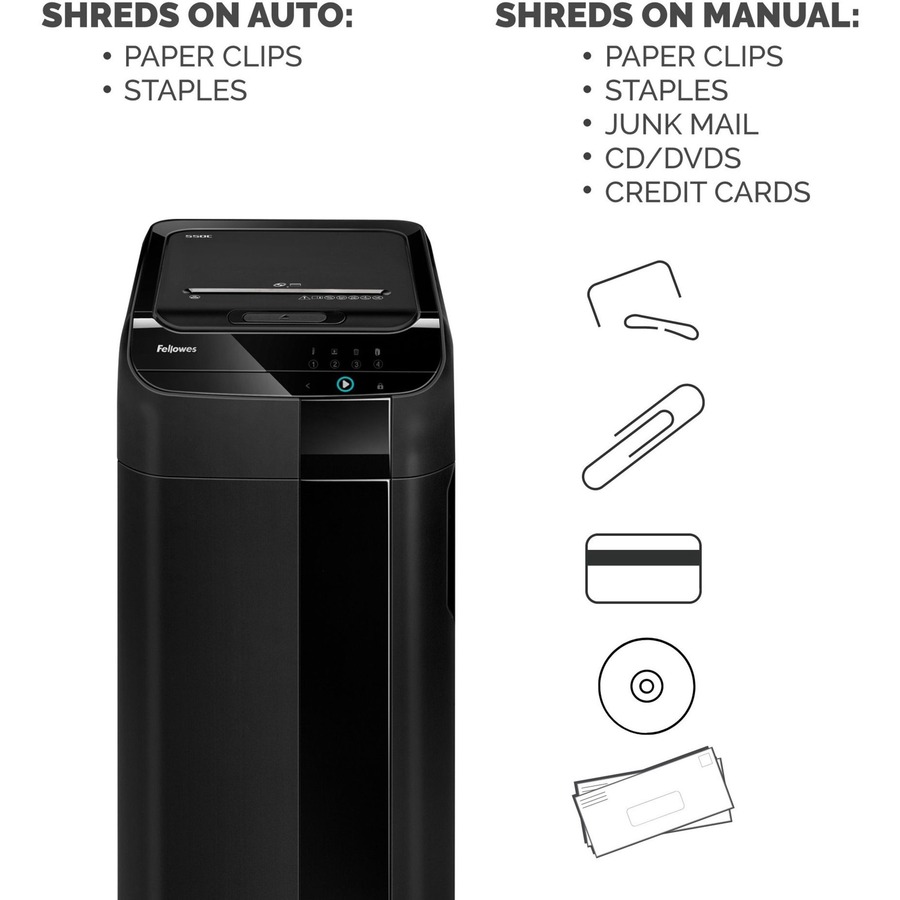 Fellowes AutoMax™ 550C Auto Feed Shredder - Continuous Shredder - Cross Cut - 550 Per Pass - for shredding Staples, Paper Clip, Paper, CD, DVD, Credit Card, Junk Mail - 0.2" x 1.5" Shred Size - P-4 - 3.35 m/min - 9" Throat - 83.28 L Wastebin Capacit - Cross-Cut/Confetti-Cut Shredders - FEL4963001