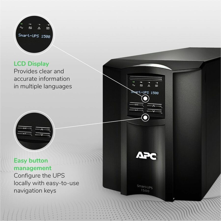 APC Smart-UPS, Line Interactive, 1500VA, Tower, 120V, 8x NEMA 5-15R outlets, SmartConnect Port+SmartSlot, AVR, LCD