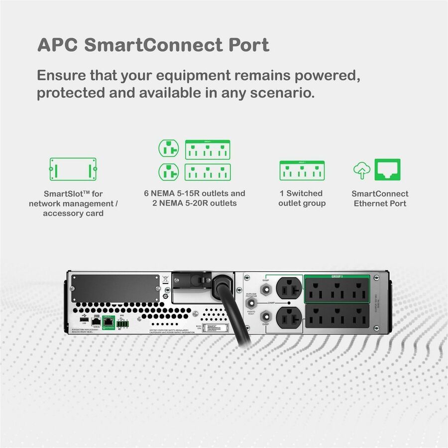 APC Smart-UPS, Line Interactive, 3kVA, Rackmount 2U, 120V, 6x NEMA 5-15R+2x NEMA 5-20R outlets, SmartConnect Port+SmartSlot, AVR, LCD