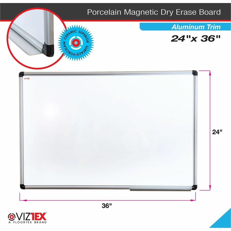 Floortex Viztex Porcelain Mag Dry-Erase Boards - 36" (3 ft) Width x 24" (2 ft) Height - White Ceramic Surface - Aluminum Frame - Rectangle - Horizontal/Vertical - 1 Each - Dry-Erase Boards - FLRFCVPM3624A