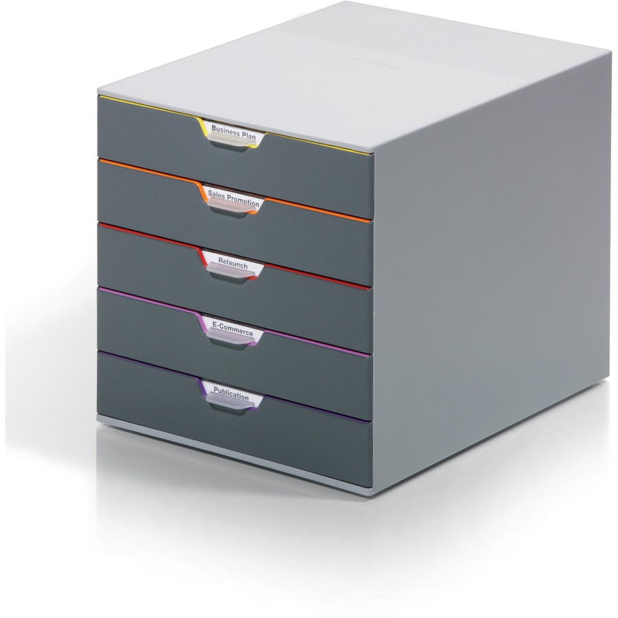 DURABLE® VARICOLOR® Desktop 5 Drawer Organizer - 11" W x 11-3/8" H x 14" D - 5 Drawers - Color Labeled Tabs - Charcoal