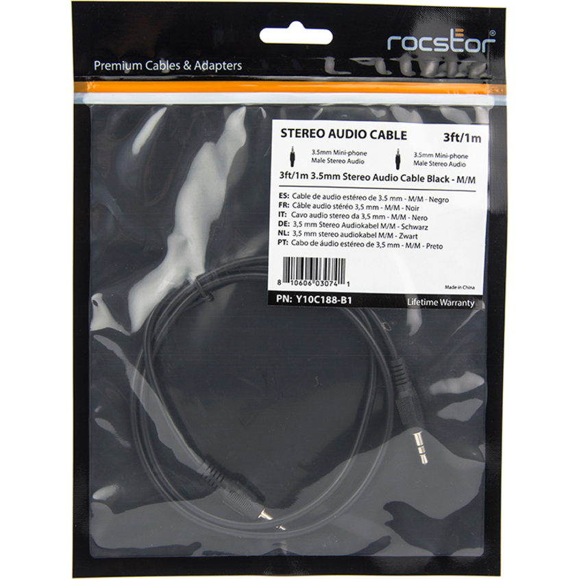 Rocstor Premium Slim 3.5mm Stereo Audio Cable 3 ft - M/M - Mini-phone Male Stereo Audio - Mini-phone Male Stereo Audio Male to Male- 1m - Black - For Smartphone, Mobile Phones, iPhone (with Headphone Jack), iPod AND MP3 PLAYER