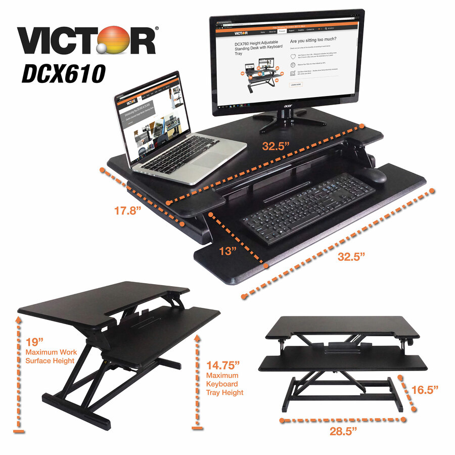 Victor High Rise Height Adjustable Compact Standing Desk with Keyboard Tray - 19" (482.60 mm) Height x 32.50" (825.50 mm) Width x 18" (457.20 mm) Depth - Desktop - Wood, Laminate, Steel - Gray, Black - Desktop Risers - VCTDCX610