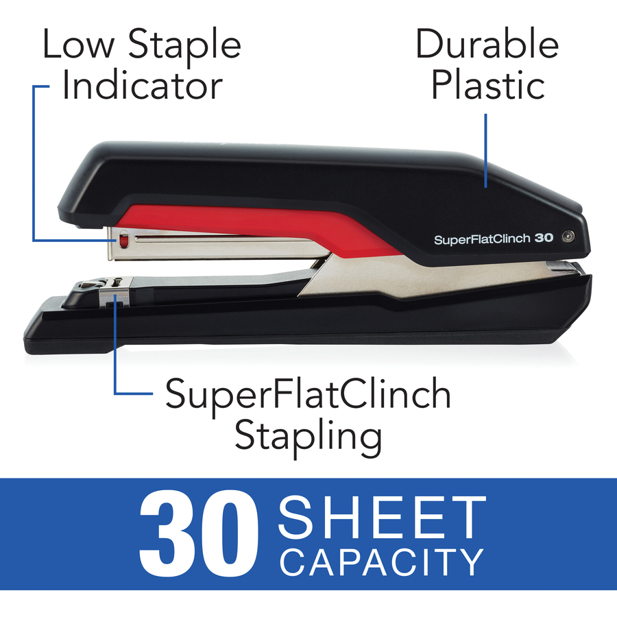 Swingline Supreme SuperFlatClinch Stapler - 30 Sheets Capacity - 210 Staple Capacity - Full Strip - Black, Red - Desktop Staplers - SWI5000596A