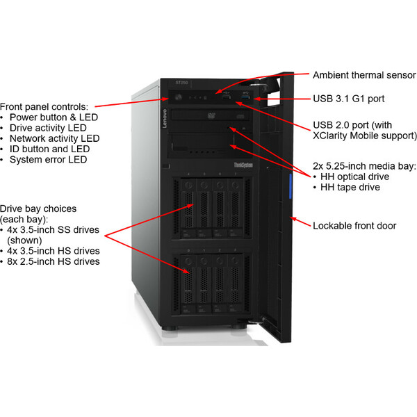 Lenovo ThinkSystem ST250 Intel Xeon E-2124G Tower Server - 8x 2.5" (7Y46A01TNA) - 1x Intel Xeon E-2124G 4-Core 3.40GHz, 8GB RAM