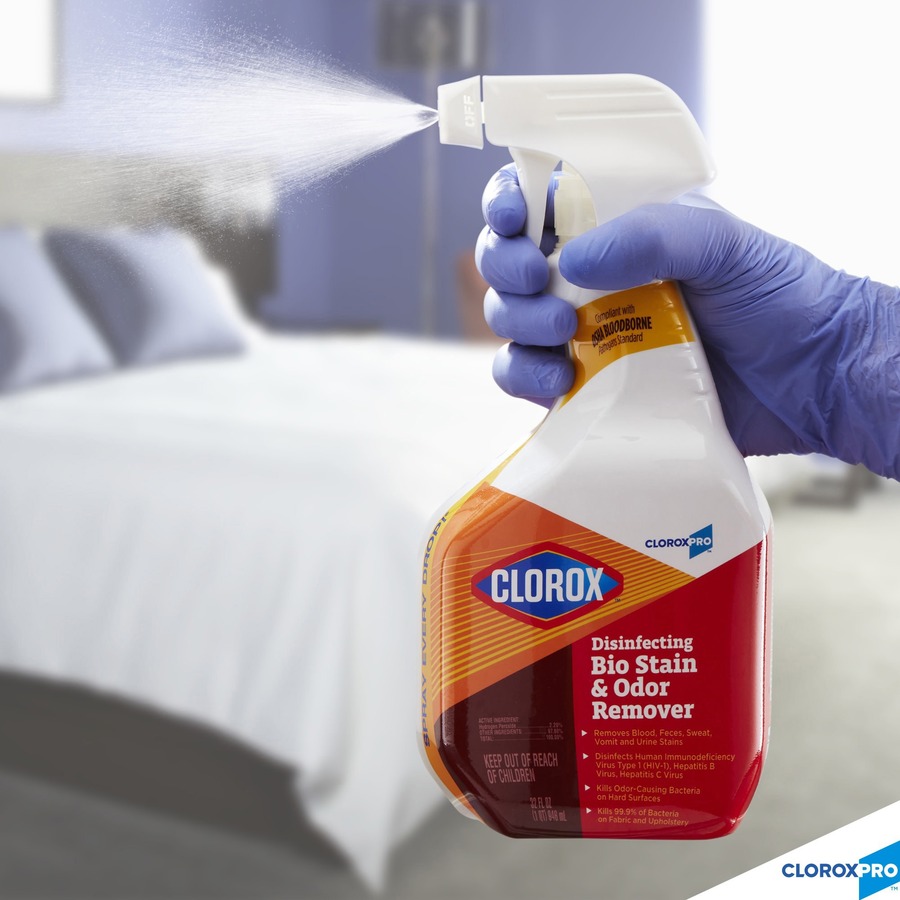 CloroxPro Disinfecting Bio Stain & Odor Remover Spray - Ready-To-Use - 32 fl oz (1 quart) - Deodorize, Bleach-free, Disinfectant, Antibacterial - Translucent - 9 / Carton