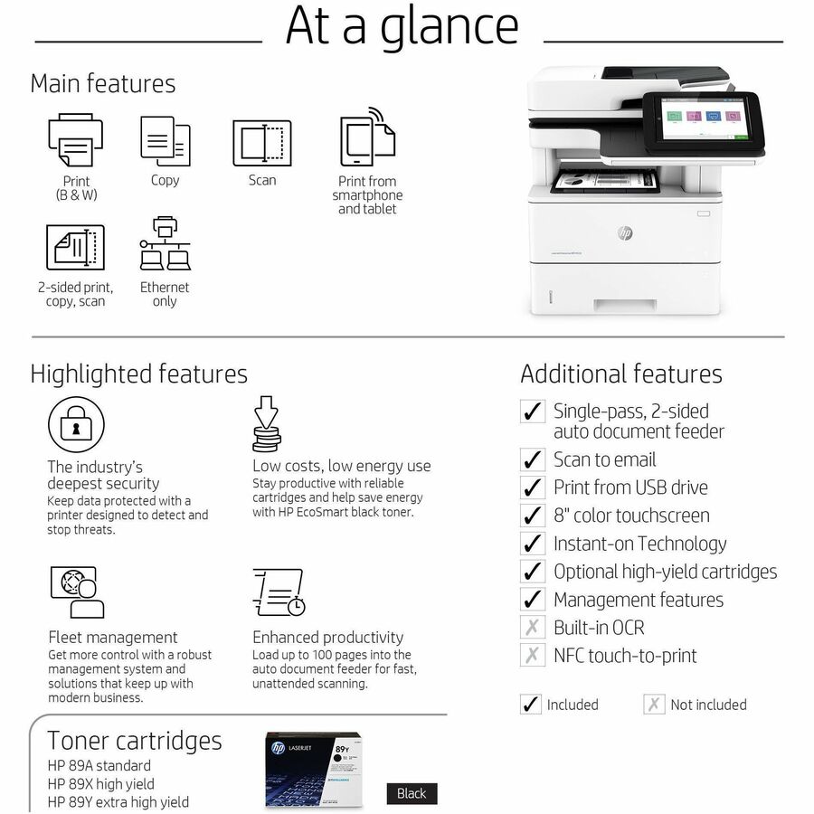 HP LaserJet M528dn Laser Multifunction Printer - Monochrome - Copier/Printer/Scanner - 43 ppm Mono Print - 1200 x 1200 dpi Print - Automatic Duplex Print - Up to 150000 Pages Monthly - 650 sheets Input - Color Scanner - 600 dpi Optical Scan - Gigabit Ethe