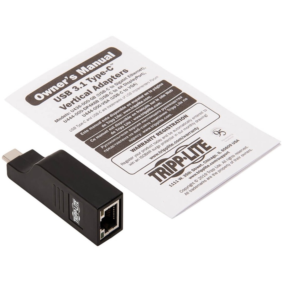 Tripp Lite by Eaton USB-C to Gigabit Ethernet Vertical Network Adapter (M/F) - USB 3.1 Gen 1 10/100/1000 Mbps Black