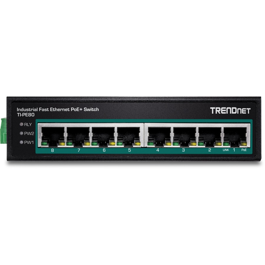 TRENDnet 8-Port Industrial Fast Ethernet PoE+ DIN-Rail Switch;TI-PE80;8 x Fast Ethernet PoE+ Ports;IP30 Network Unmanaged Switch;200W PoE Power Budget; 1.6Gbps Switching Capacity; Lifetime Protection