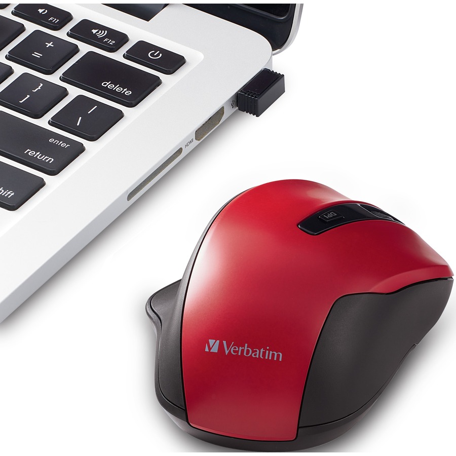 Verbatim Mouse - Blue LED/Optical - Wireless - Radio Frequency - 2.40 GHz - Red - USB - 1600 dpi - 6 Button(s) - 1 Each