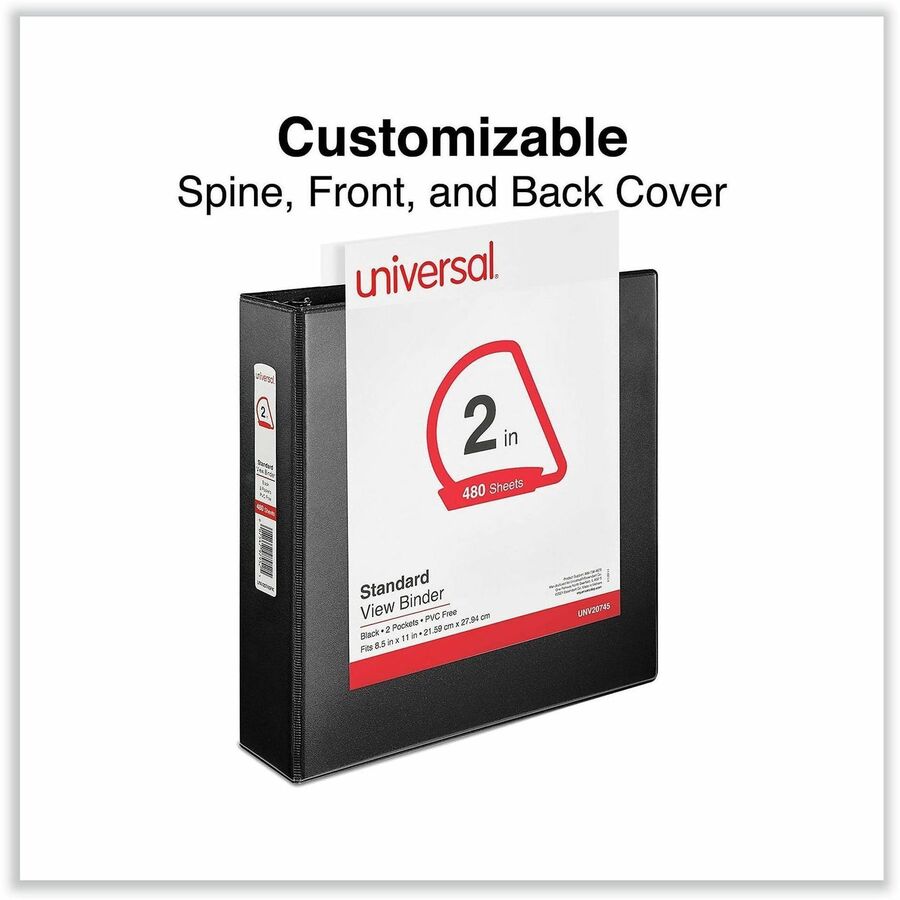 Universal Slant D-Ring View Binder, 3 Rings, 2" Capacity, 11 x 8.5, Black - 2" Binder Capacity - Letter - 8 1/2" x 11" Sheet Size - 500 Sheet Capacity - 3 Ring(s) - Fastener(s): Ring - Pocket(s): 2, Inside Front & Back - Polypropylene - Black - Non-stick 