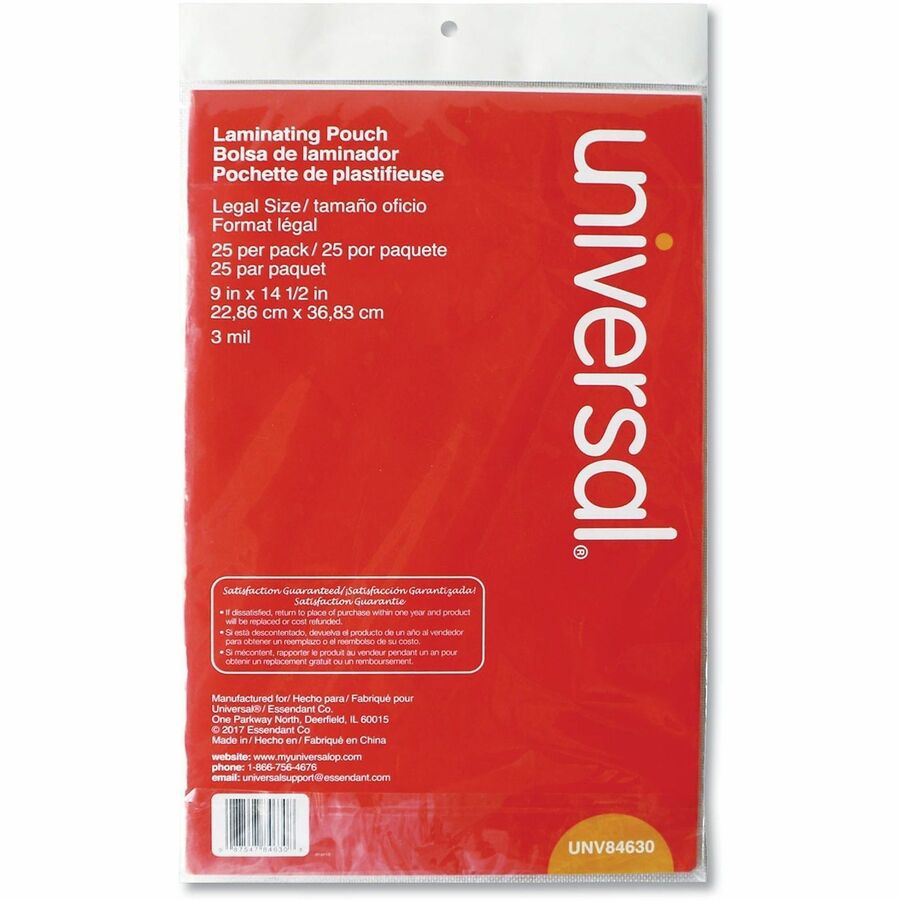 Universal Laminating Pouch - Sheet Size Supported: Legal 8.50" Width x 14" Length - Laminating Pouch/Sheet Size: 9" Width x 3 mil Thickness - Matte - for Document, Sign, ID Card, Photo, Tag - Temperature Resistant, Liquid Resistant - Clear - Plastic - 25 