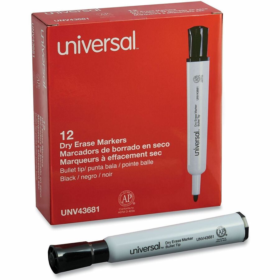 Universal Dry Erase Marker, Medium Bullet Tip, Black, Dozen - Medium Bullet Marker Point - Black Ink - Dry - General Purpose - 1 Dozen