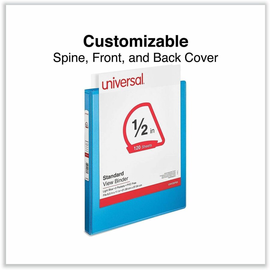 Universal Slant D-Ring View Binder, 3 Rings, 0.5" Capacity, 11 x 8.5, Light Blue - 1/2" Binder Capacity - Letter - 8 1/2" x 11" Sheet Size - 120 Sheet Capacity - 3 Ring(s) - Fastener(s): Ring - Pocket(s): 2, Inside Front & Back - Polypropylene - Light Blu