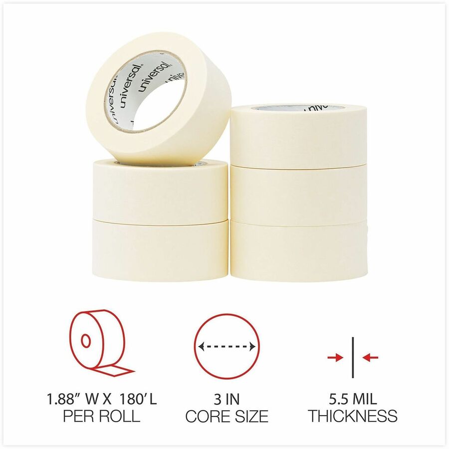 Universal General-Purpose Masking Tape, 3" Core, 48 mm x 54.8 m, Beige, 24/Carton - 59.93 yd Length x 1.89" Width x 5.5 mil Thickness - 3" Core - Beige - Natural Rubber - Crepe Paper Backing - 24 / Carton