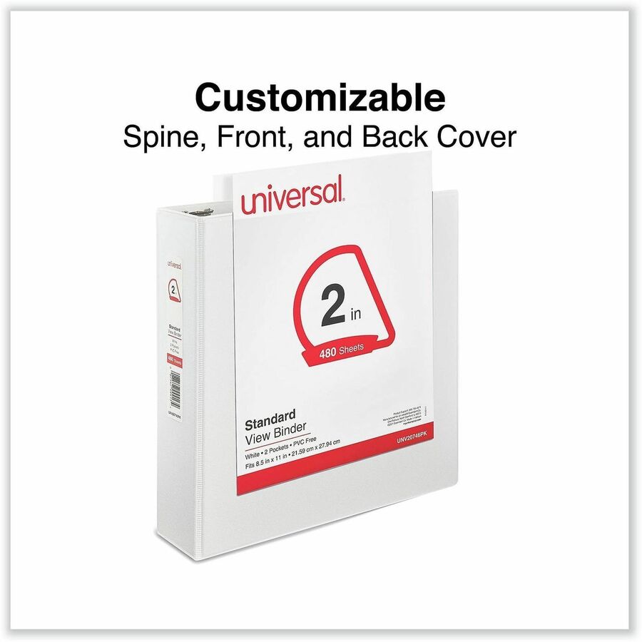 Universal Slant D-Ring View Binder, 3 Rings, 2" Capacity, 11 x 8.5, White, 4/Pack - 2" Binder Capacity - Letter - 8 1/2" x 11" Sheet Size - 500 Sheet Capacity - 3 Ring(s) - Fastener(s): Ring - Pocket(s): 2, Inside Front & Back - Polypropylene - White - No
